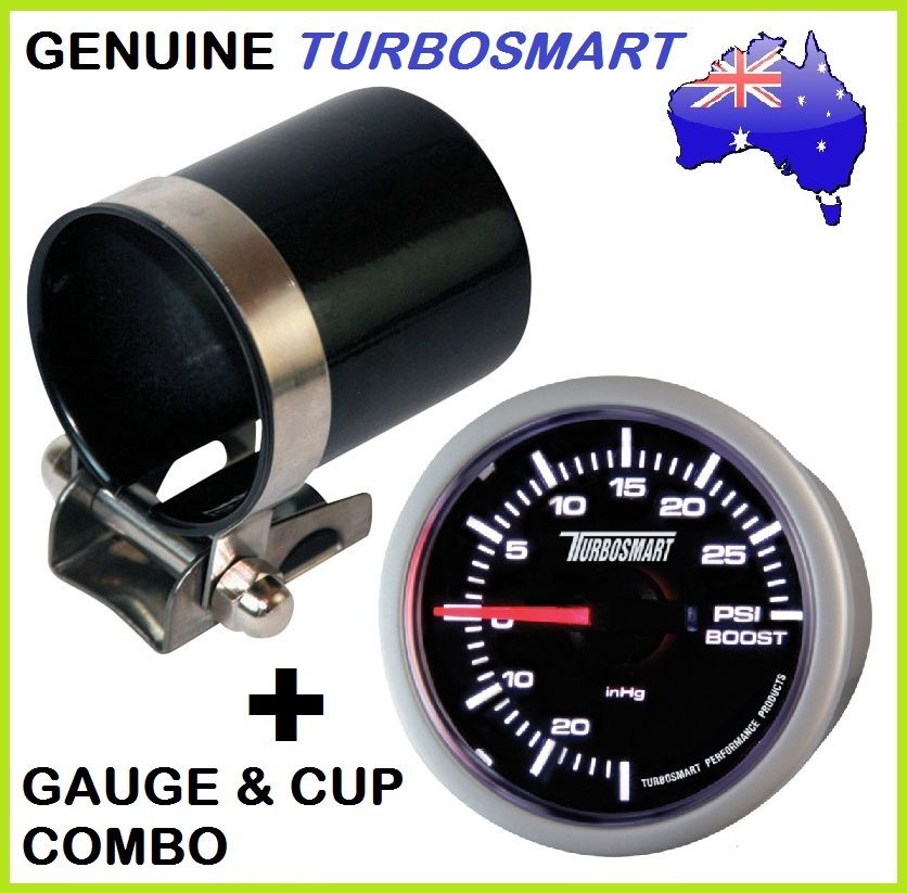 New Genuine TURBOSMART Turbo Boost Gauge 30 PSI 52mm + Cup / Mounting Pod Combo