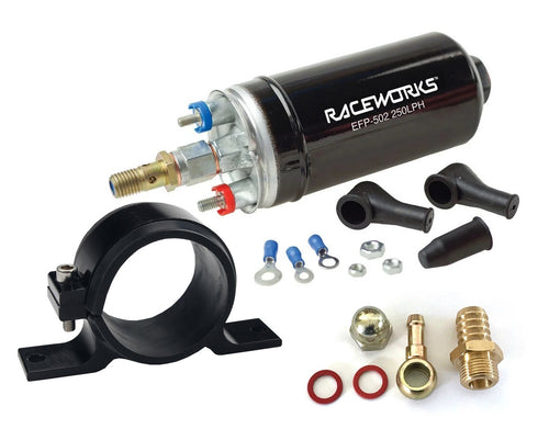 Raceworks 250LPH 5 BAR 310LPH External Fuel Pump EFP-502 Inc Bracket + Hose Tail
